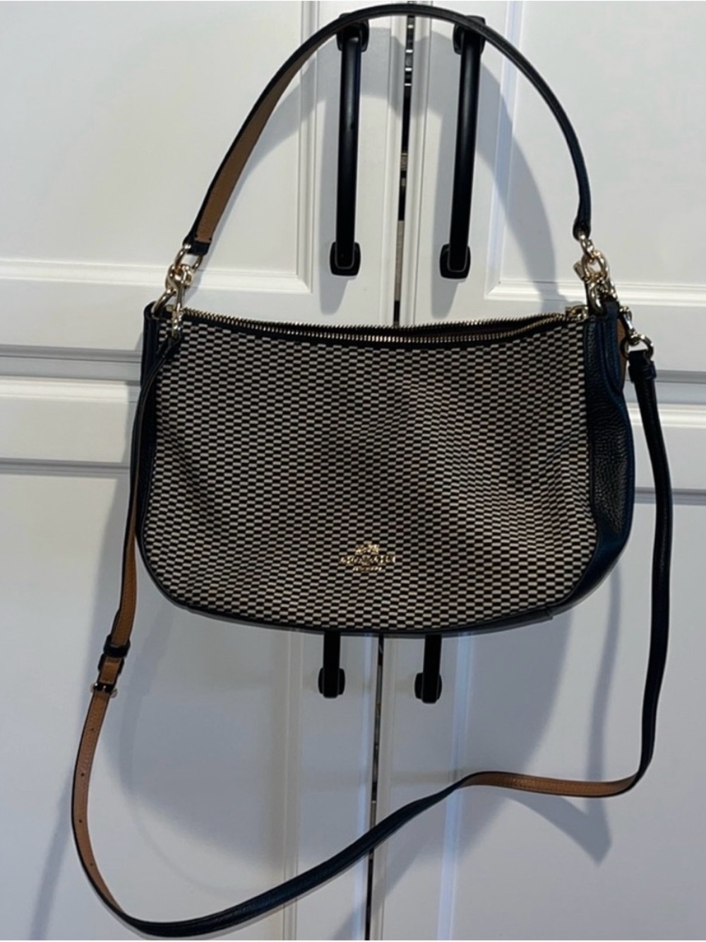 Coach Black and White Woven Shoulder Bag with Leather Trim crossbody or shoulder